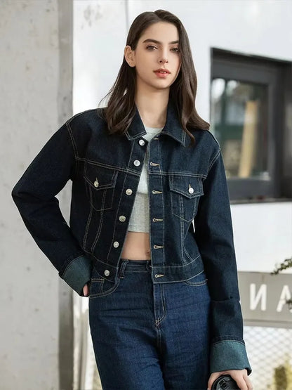 Women Vintage Denim Jacket Pant Sets Single Breasted Lapel Long Sleeve Coat Wide Leg Trousers Jeans High Street Outfits