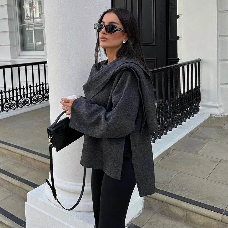 Women's Winter Poncho Coat with Draped Collar, Elegant Wool Cape Blouse, Autumn/Winter Fashion