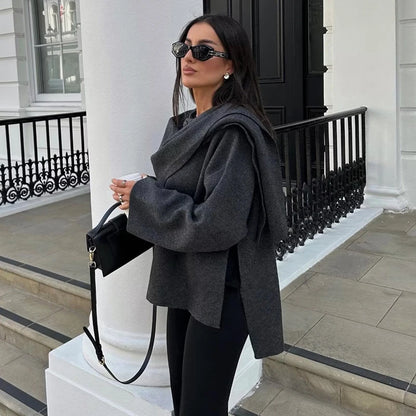 Women's Winter Poncho Coat with Draped Collar, Elegant Wool Cape Blouse, Autumn/Winter Fashion