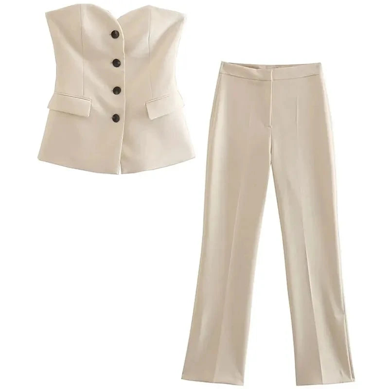 Women's Tailored Set: Corset Top with Buttons and Straight Leg Pants