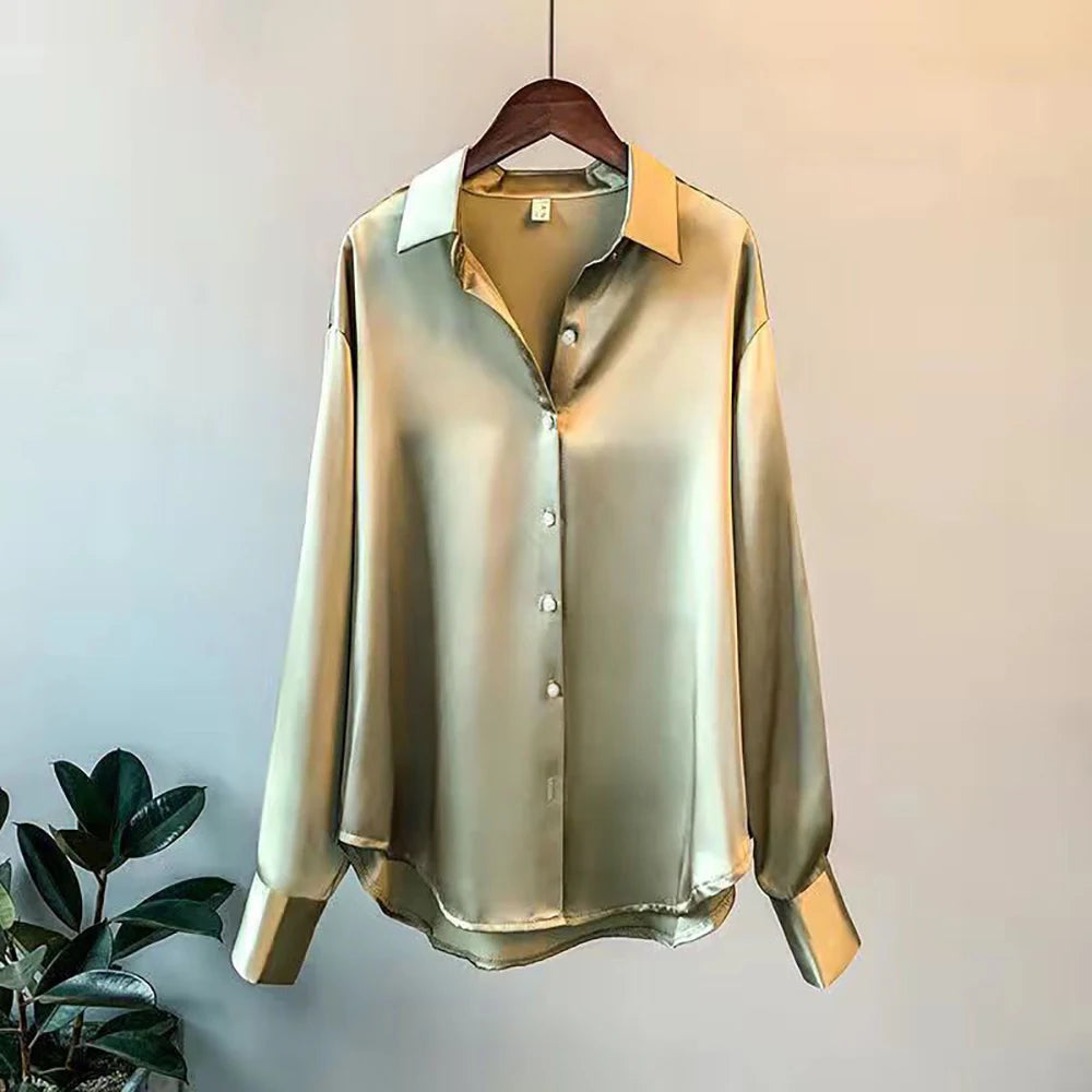Elegant Women's Satin Long-Sleeved Shirt for Casual or Formal Looks