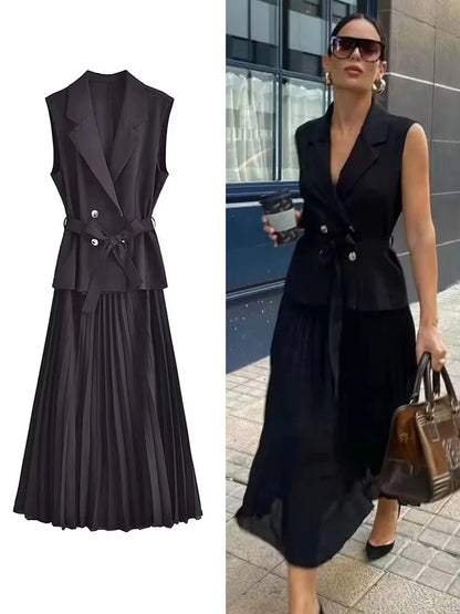 Black Tailored Midi Dress for Women with Vest and Pleated Skirt