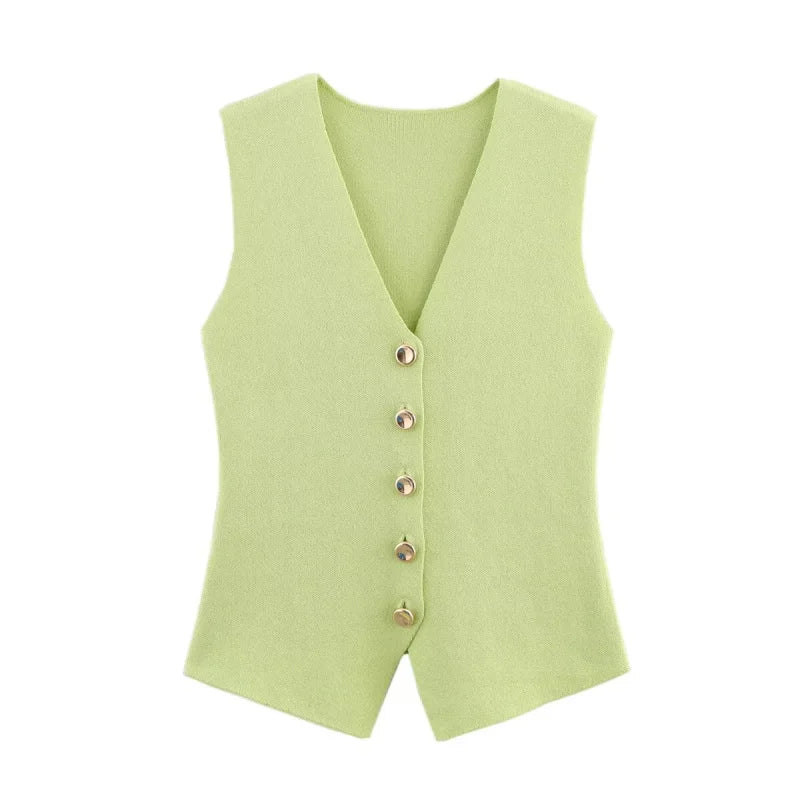 Women's Knit Vest with Gold Buttons, Fitted Waist, Sleeveless, Elegant and Versatile