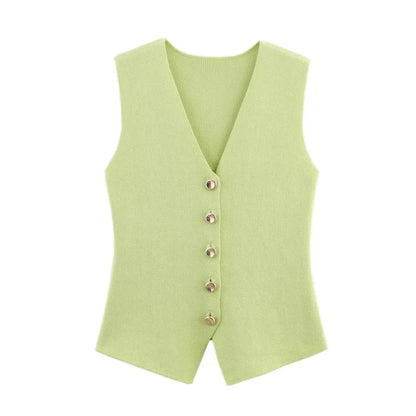 Women's Knit Vest with Gold Buttons, Fitted Waist, Sleeveless, Elegant and Versatile