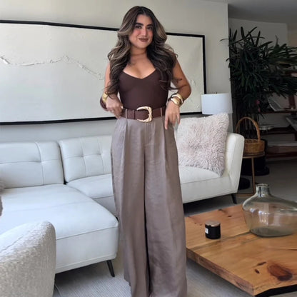 Women's Wide Leg Tailored Beige Trousers with Belt, Elegant Dress Pants