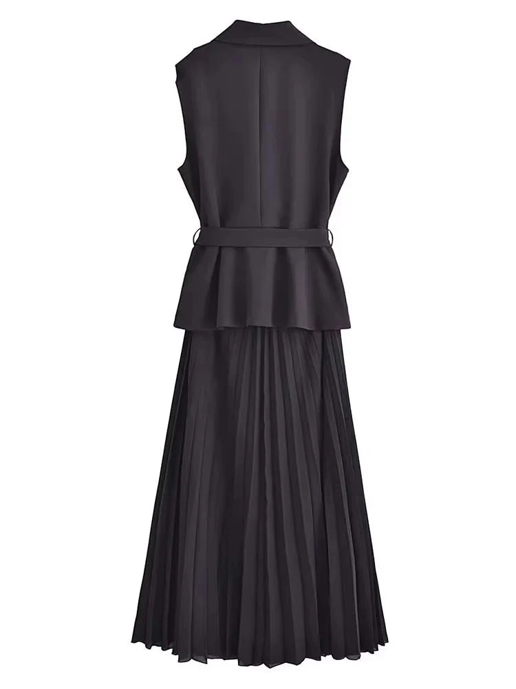 Black Tailored Midi Dress for Women with Vest and Pleated Skirt
