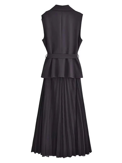 Black Tailored Midi Dress for Women with Vest and Pleated Skirt