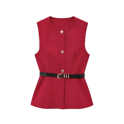 Women's Tailored Vest with Belt Elegant, Fitted at the Waist and Sleeveless