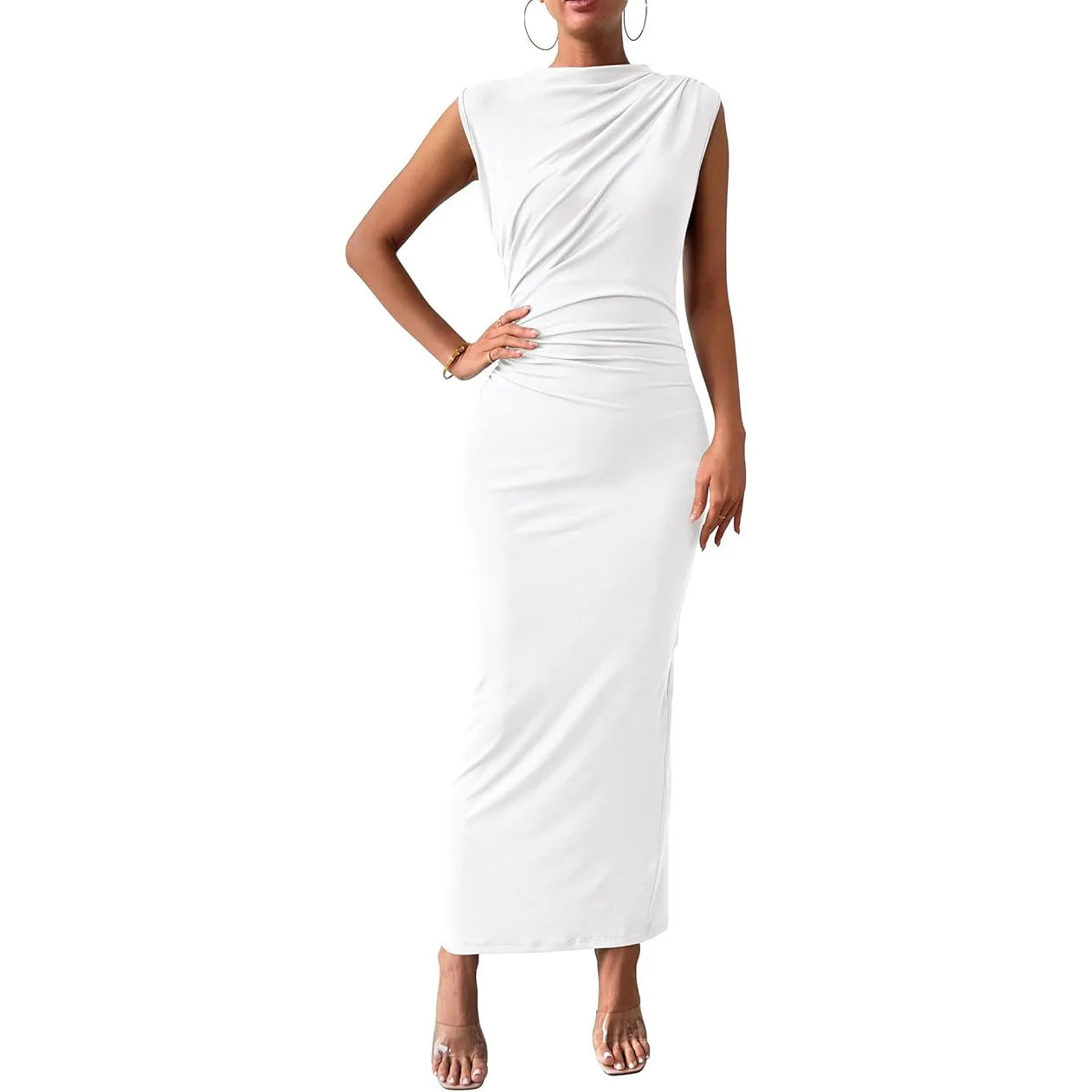 Elegant Women's Long Knit Dress, Fitted with Draping, Casual Chic Style