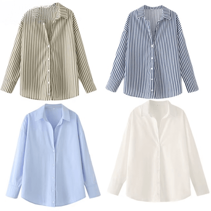 Women's Striped Casual Elegant Shirt, Button-Down Dress Shirt, Long-Sleeved Striped Blouse