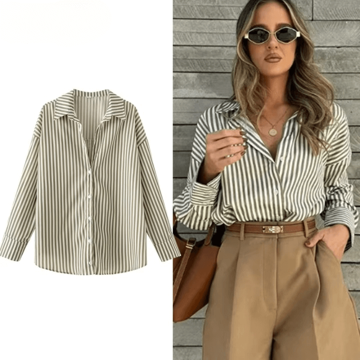 Women's Striped Casual Elegant Shirt, Button-Down Dress Shirt, Long-Sleeved Striped Blouse