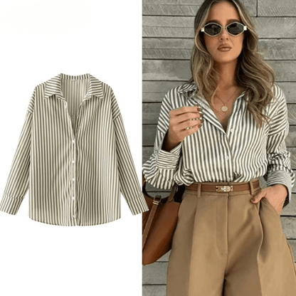 Women's Striped Casual Elegant Shirt, Button-Down Dress Shirt, Long-Sleeved Striped Blouse
