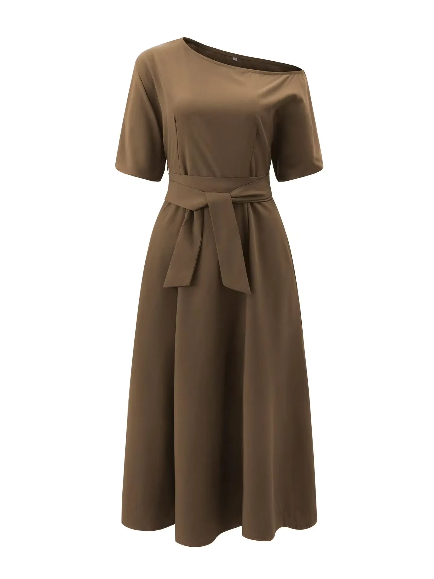 Elegant women's off-the-shoulder midi dress with a flared silhouette, defined waist, and pockets